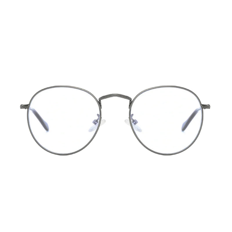 Blue Light Glasses Milan Grey frame, elegant and lightweight round design. Reduces blue light exposure, eye strain and improves sleep. Ideal for extended screen use on laptops, tablets, and phones. Comfortable nose pads and durable metal finish. www.zenluk.com