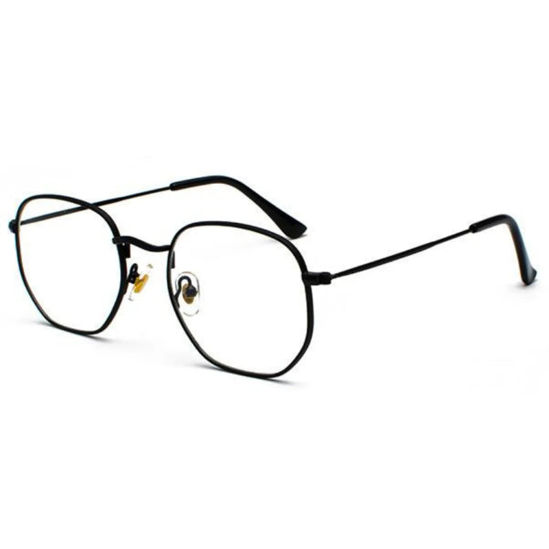 Blue Light Glasses Zoe Side with Black metal frame. Designed to reduce eye strain from screens and improve visual comfort. Lightweight and elegant square shape with thin, durable temples. Adjustable nose pads for a secure and comfortable fit. Clear, anti-reflective lenses block harmful blue light while maintaining style and sophistication. Ideal for use with computers, phones, and tablets. Stylish unisex design, perfect for everyday wear or professional settings. Discover more at www.zenluk.com