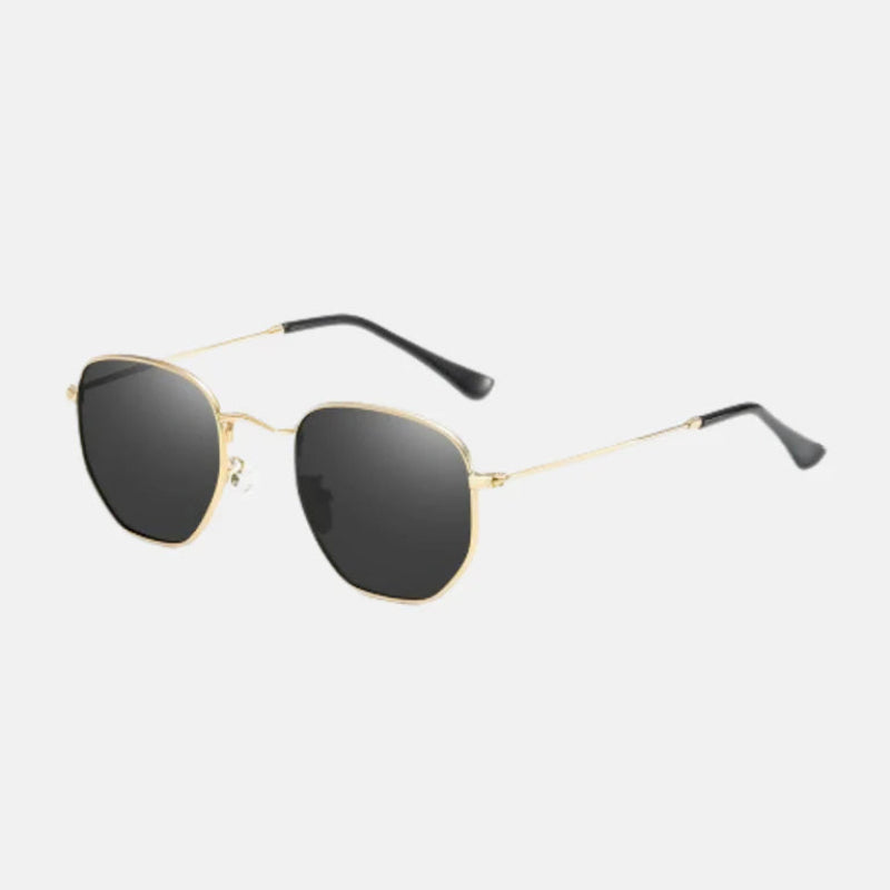 Sunglasses Laura Gold – Luxurious gold-frame sunglasses with ultra-thin metallic temples, dark square-shaped lenses with a gentle rounded edge, UV protection, adjustable silicone nose pads, and sleek black temple tips for a sophisticated finish. Discover more at www.zenluk.com