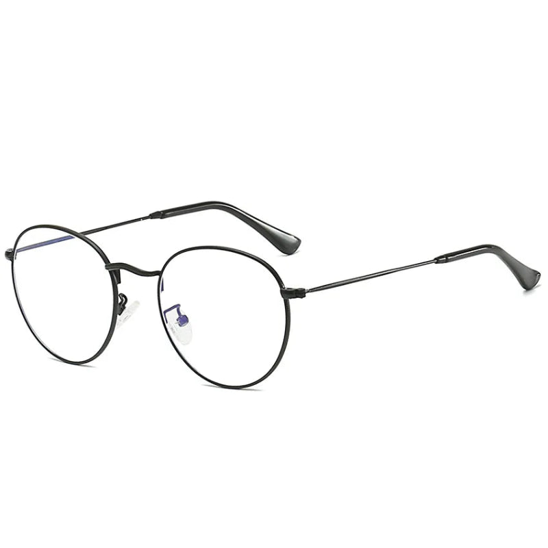 Side Blue Light Glasses Milan Black frame, elegant and lightweight round design. Reduces blue light exposure, eye strain and improves sleep. Ideal for extended screen use on laptops, tablets, and phones. Comfortable nose pads and durable metal finish. www.zenluk.com