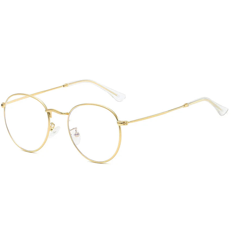 Side Blue Light Glasses Milan Gold frame, elegant and lightweight round design. Reduces blue light exposure, eye strain and improves sleep. Ideal for extended screen use on laptops, tablets, and phones. Comfortable nose pads and durable metal finish. www.zenluk.com