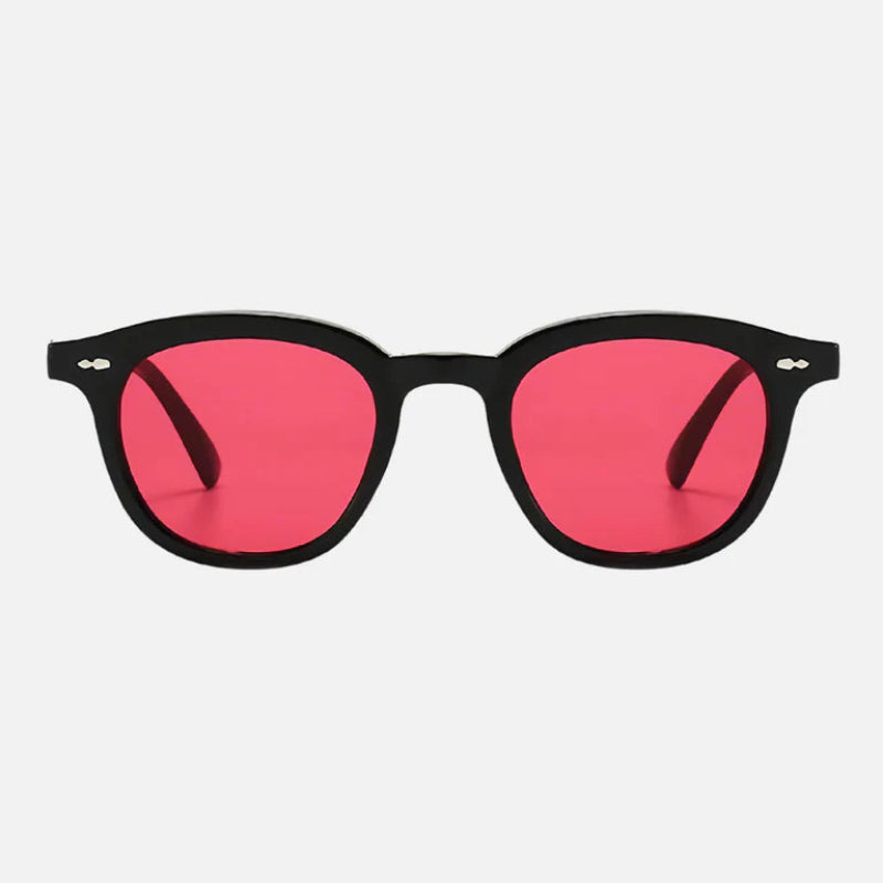 Sunglasses George Red – Stylish sunglasses featuring a sleek black acetate frame with a classic round design, paired with bold red-tinted lenses for a striking and modern look. The frame has subtle metallic rivet accents near the hinges, and smooth, glossy arms for a comfortable fit. Perfect for making a statement while protecting your eyes. Discover more at www.zenluk.com