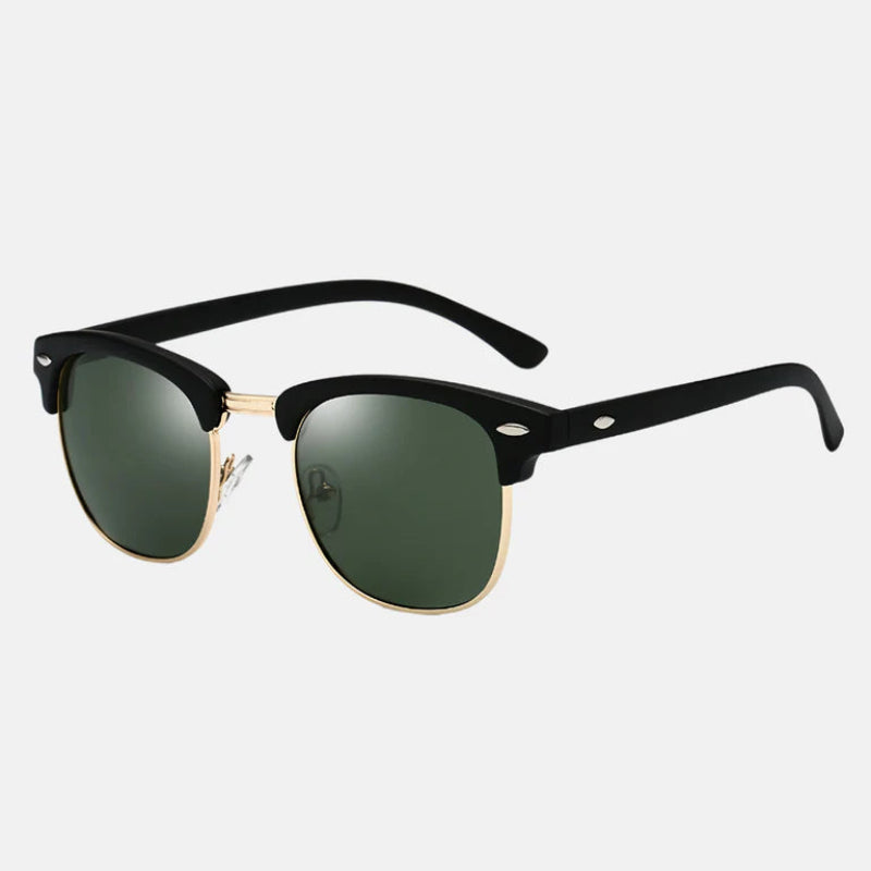 Sunglasses Ruby Black-Green – Side perspective of the same model, showcasing the smooth black acetate temples, gold metal frame, and elegant green polarized lenses. The design highlights the premium finish and balance between vintage and modern style. Explore more at www.zenluk.com