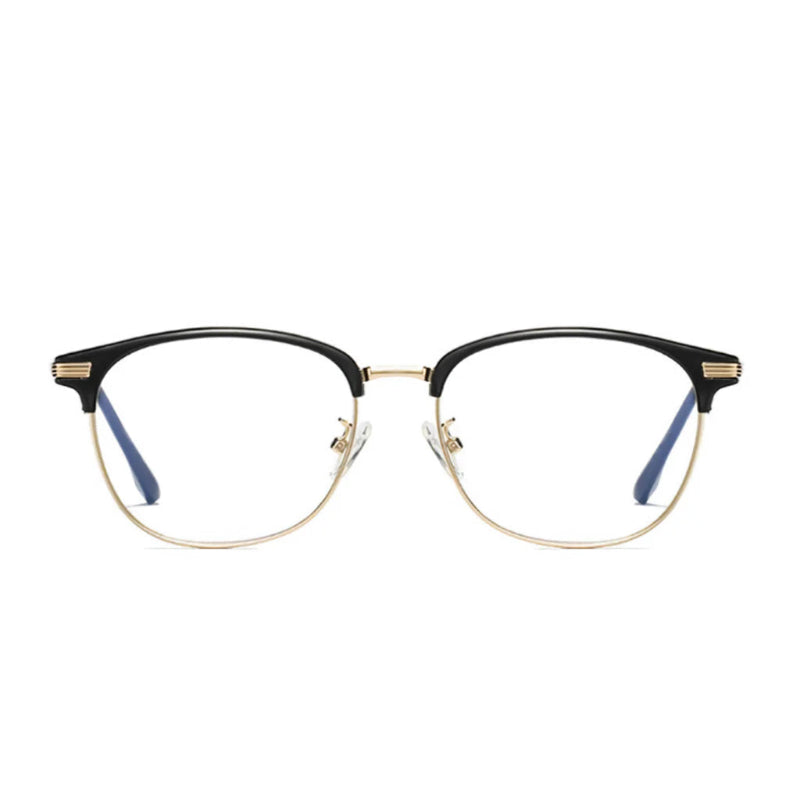 Blue Light Glasses London Black and Gold frame, stylish and lightweight design. Protects your eyes from blue light, reduces eye strain, improves sleep, and enhances screen comfort. Perfect for work or study. Learn more at www.zenluk.com