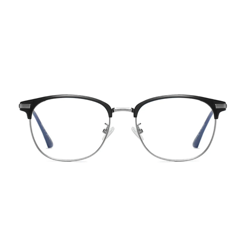 Blue Light Glasses London Black and Silver frame, stylish and lightweight design. Protects your eyes from blue light, reduces eye strain, improves sleep, and enhances screen comfort. Perfect for work or study. Learn more at www.zenluk.com