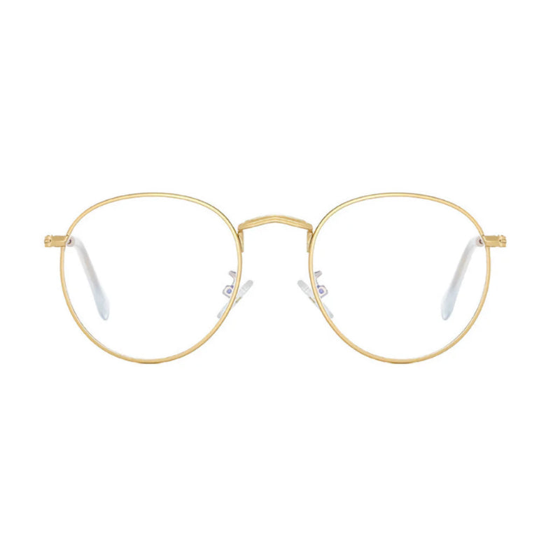 Blue Light Glasses Milan Gold frame, elegant and lightweight round design. Reduces blue light exposure, eye strain and improves sleep. Ideal for extended screen use on laptops, tablets, and phones. Comfortable nose pads and durable metal finish. www.zenluk.com