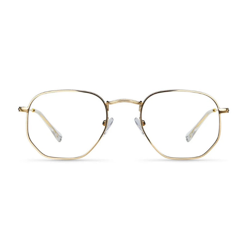 Blue Light Glasses Zoe  with Gold metal frame. Designed to reduce eye strain from screens and improve visual comfort. Lightweight and elegant square shape with thin, durable temples. Adjustable nose pads for a secure and comfortable fit. Clear, anti-reflective lenses block harmful blue light while maintaining style and sophistication. Ideal for use with computers, phones, and tablets. Stylish unisex design, perfect for everyday wear or professional settings. Discover more at www.zenluk.com
