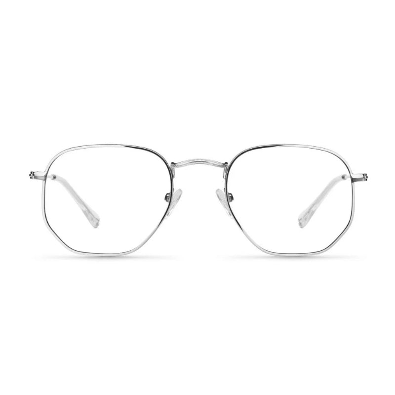 Blue Light Glasses Zoe with Silver metal frame. Designed to reduce eye strain from screens and improve visual comfort. Lightweight and elegant square shape with thin, durable temples. Adjustable nose pads for a secure and comfortable fit. Clear, anti-reflective lenses block harmful blue light while maintaining style and sophistication. Ideal for use with computers, phones, and tablets. Stylish unisex design, perfect for everyday wear or professional settings. Discover more at www.zenluk.com