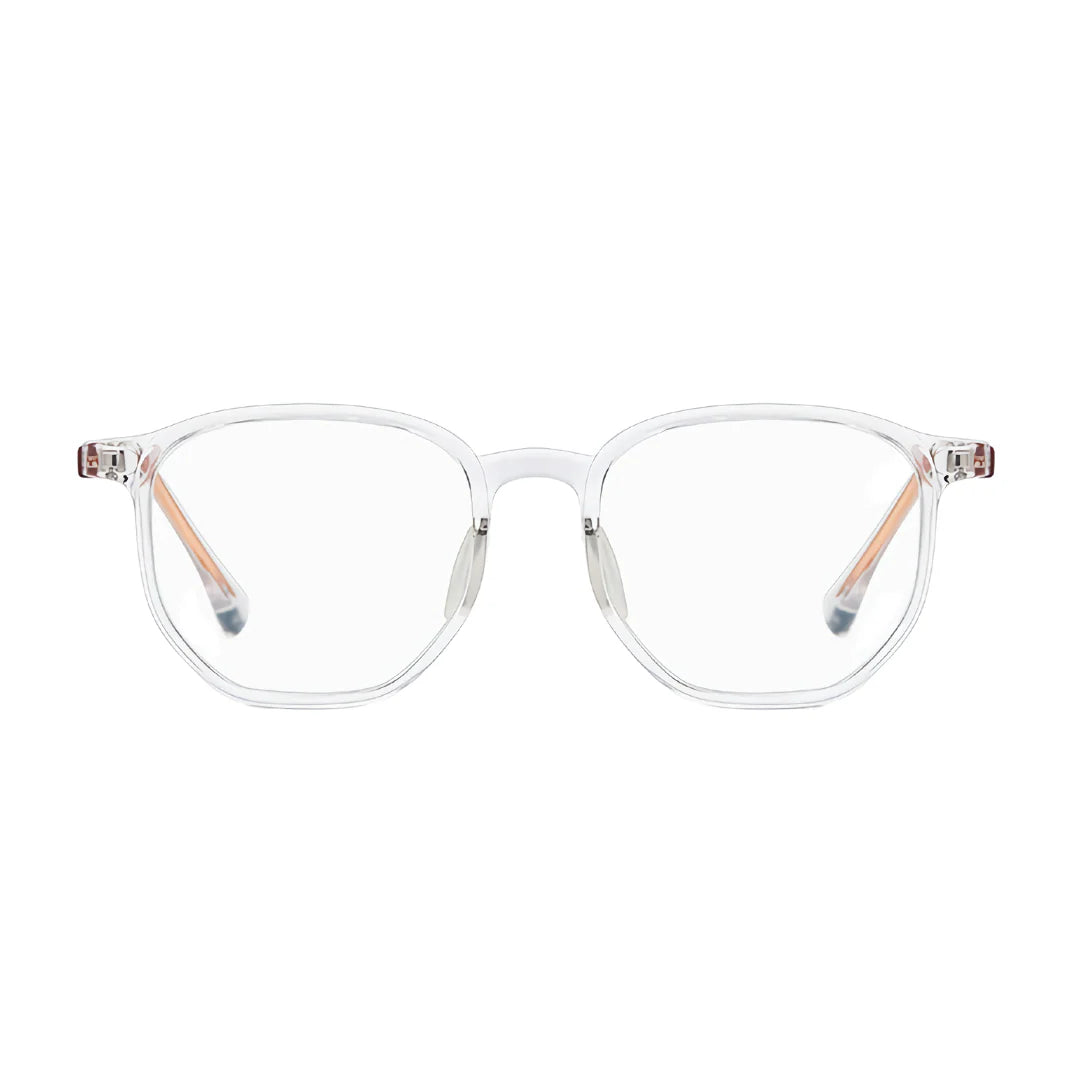 Blue Light Blocking Glasses MILION – Transparent frame with soft pink arms, ideal for screen use. Stylish and lightweight, designed to reduce eye strain. Visit: www.zenluk.com