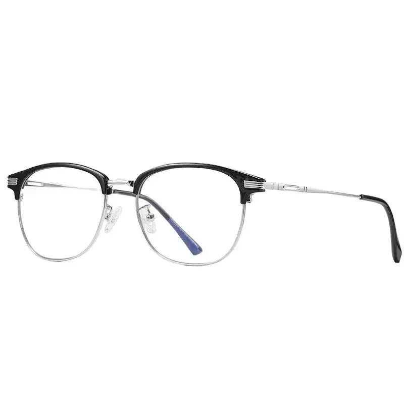 Side Blue Light Glasses London Black and Silver frame, stylish and lightweight design. Protects your eyes from blue light, reduces eye strain, improves sleep, and enhances screen comfort. Perfect for work or study. Learn more at www.zenluk.com