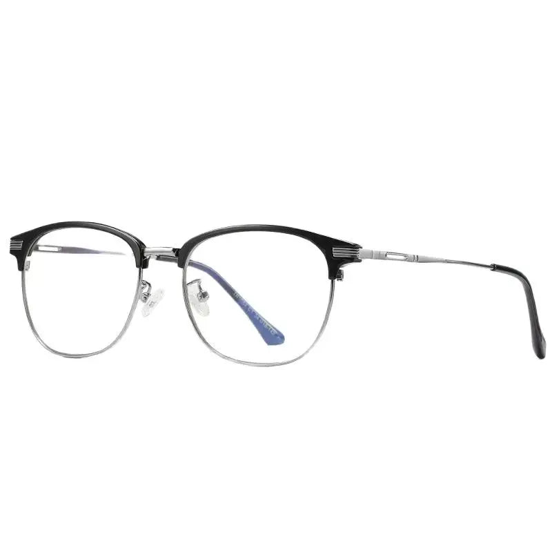 Side Blue Light Glasses London black and silver frame, stylish and lightweight design. Protects your eyes from blue light, reduces eye strain, improves sleep, and enhances screen comfort. Perfect for work or study. Learn more at www.zenluk.com