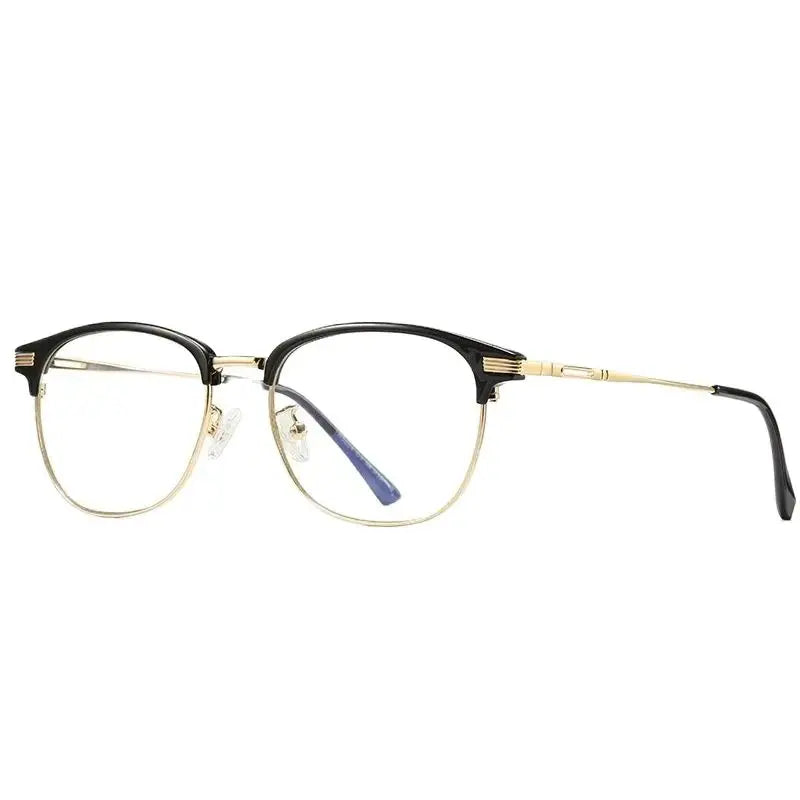 Side Blue Light Glasses London black and Gold frame, stylish and lightweight design. Protects your eyes from blue light, reduces eye strain, improves sleep, and enhances screen comfort. Perfect for work or study. Learn more at www.zenluk.com