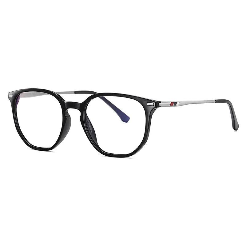 Side Blue Light Glasses Pop Black and Silver frame, stylish and modern design with UV400 protection, reduces digital eye strain, improves sleep and protects against harmful screen glare. Lightweight and perfect for all-day computer, phone or tablet use. Available at www.zenluk.com