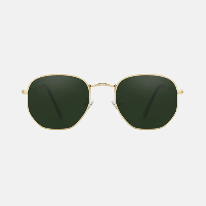 Sunglasses Laura Gold Green Lens – Stylish gold-frame sunglasses with ultra-thin metallic temples, deep green square lenses with a soft rounded contour, UV protection, adjustable silicone nose pads, and sleek minimal design. Discover more at www.zenluk.com