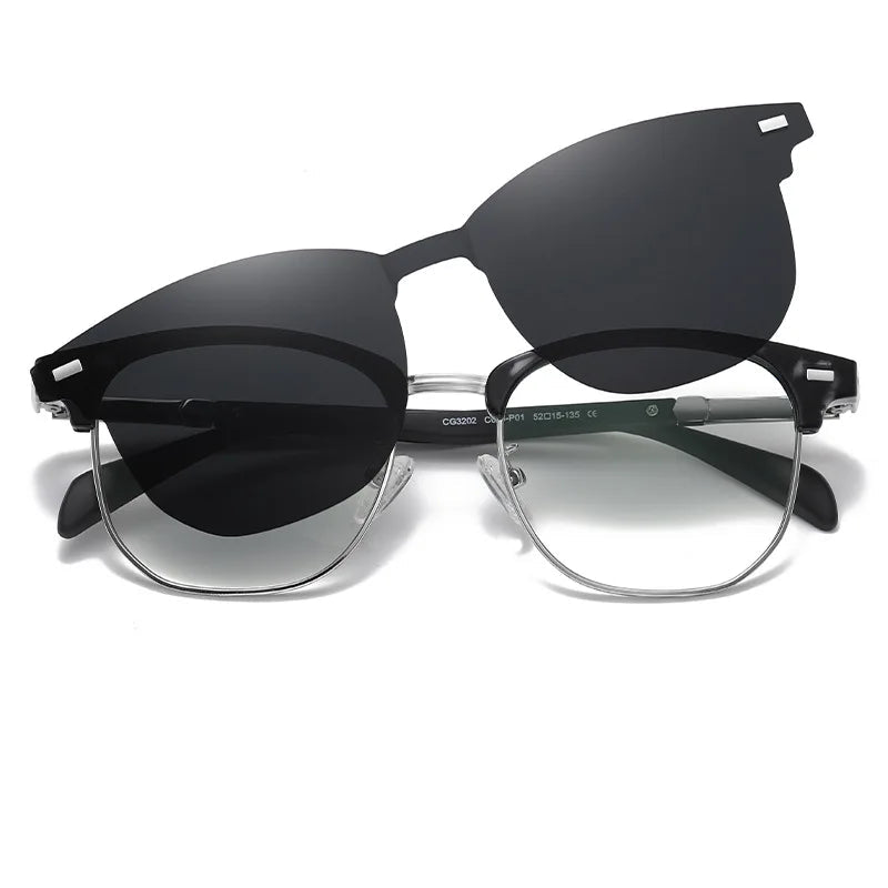 Sunglasses Solare Black showcasing the innovative 2-in-1 clip-on design with magnetic polarized black lenses placed over the clear semi-rimless frame, combining style, practicality, and modern elegance. Available at www.zenluk.com