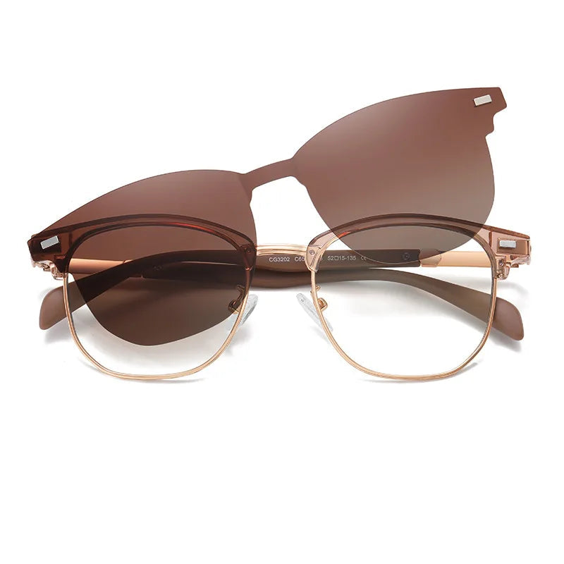 Sunglasses Solare Brown showcasing the innovative 2-in-1 clip-on design with magnetic polarized black lenses placed over the clear semi-rimless frame, combining style, practicality, and modern elegance. Available at www.zenluk.com
